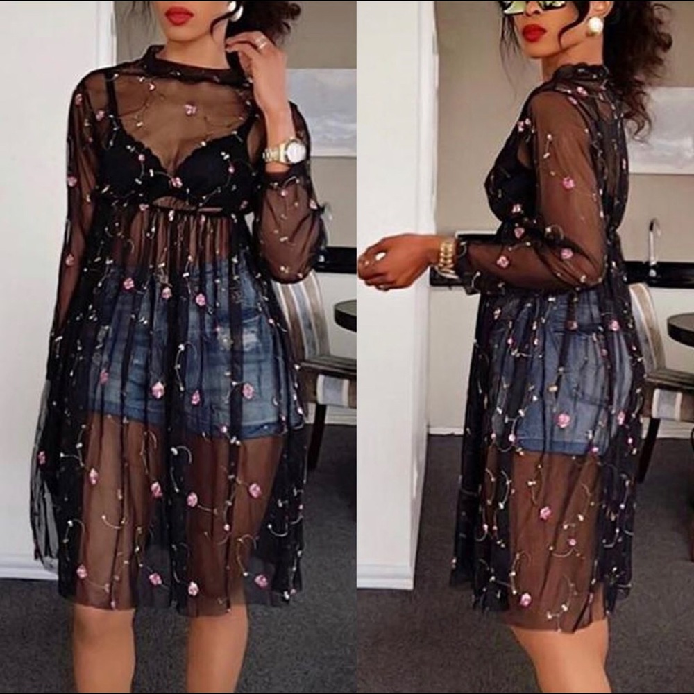 Sheer black floral babydoll dress/top